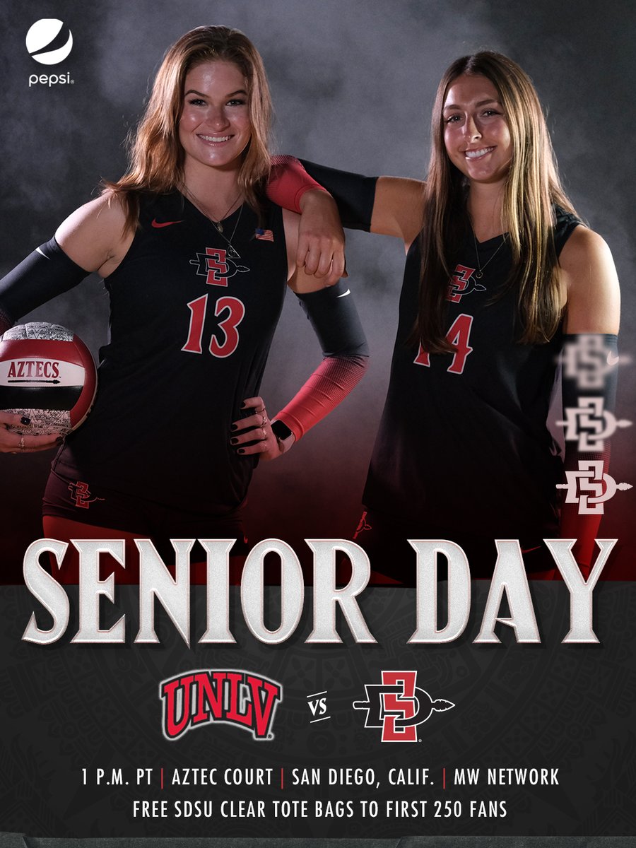 Join us for Senior Day festivities this afternoon as we face UNLV at 1 pm. Free SDSU clear totes bags will be given to the first 250 fans. #GoAztecs 📺 MW Network: tinyurl.com/yrkvw6vd 📊 Live Stats: tinyurl.com/364m6dyf 🎟️ Tickets: tinyurl.com/42kvxvsx