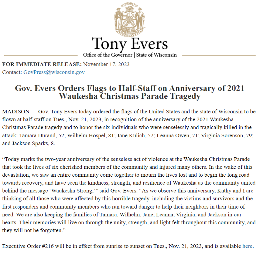 CityofWaukesha's tweet photo. Governor Evers has ordered the flags of the United States and the State of Wisconsin to be flown at half-staff on Tuesday, November 21 in recognition of the anniversary of the Christmas Parade Tragedy.

#WaukeshaStrong https://t.co/DJRX9eIyNw
