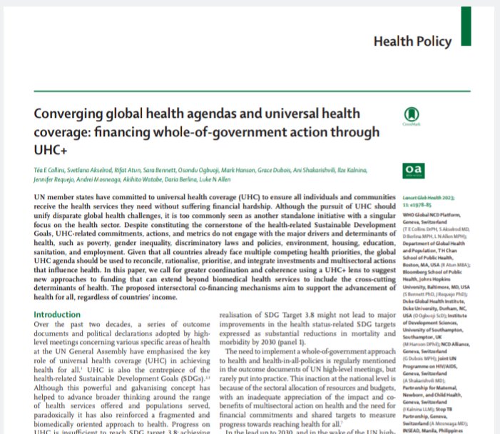 🔥New @LancetGH paper All-star co-author cast 💫 Arguing for a holistic vision of '#UHC+' that moves beyond biomedical service delivery to embrace upstream determinants We set out a range of intersectoral co-financing options 💷 Free here: thelancet.com/journals/langl…