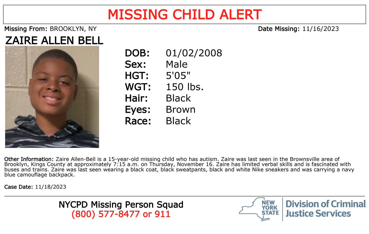 NotifyNYC's tweet image. #MissingChildAlert: Zaire Allen Bell, M/B/15, from Brooklyn, NY. The child has autism may be in need of medical attention. If seen call 911. Multilingual &amp;amp; ASL Link: on.nyc.gov/1PgUeTK.