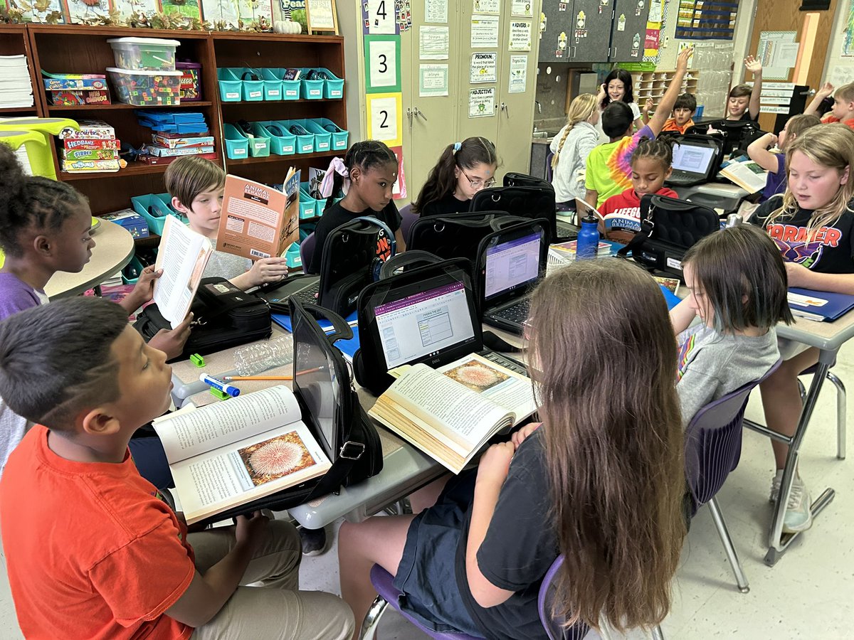Students collaborating to find the gist of their sections. They love learning about animal defense mechanisms. <a href="/FarmerDragons/">Farmer Elementary</a> <a href="/JcpsElemEla/">JCPS Elementary ELA</a>