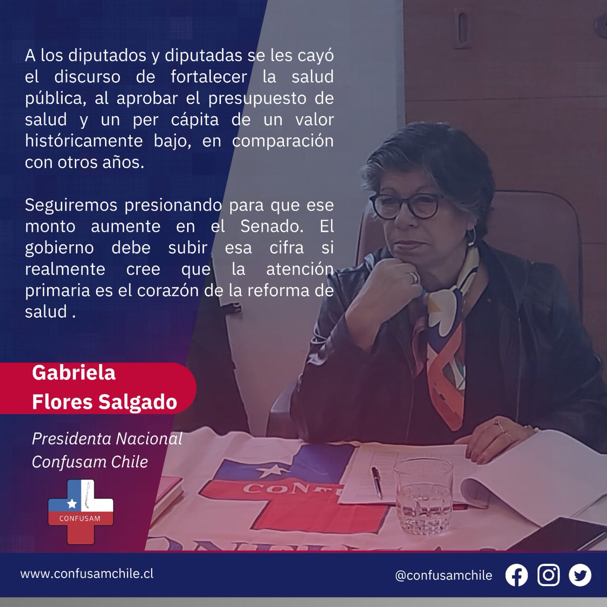 "Si realmente la atención primaria es el corazón de la reforma de salud, el Senado debe votar en contra de este presupuesto", afirma la presidenta de Confusam, Gabriela Flores.