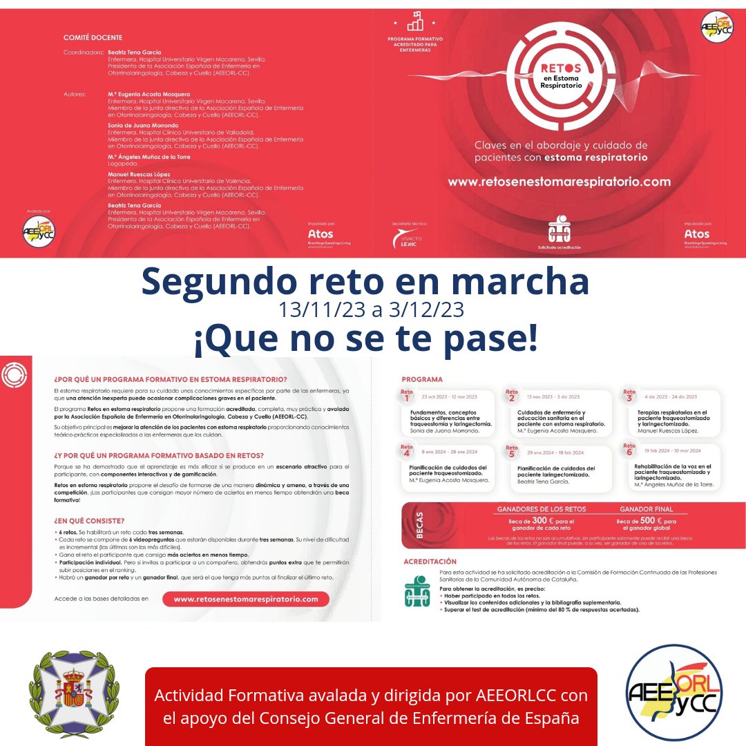 CLAVES EN EL ABORDAJE Y CUIDADO DE PACIENTES CON ESTOMA RESPIRATORIO 
📌 Ya ha empezado el segundo reto, tenéis hasta el 3 de diciembre para resolverlo.
➡️ Avalado por <a href="/aeeorlcc/">AEEORLCCC</a> con el apoyo de <a href="/CGEnfermeria/">Consejo General de Enfermería</a> 
🚩Que no se te pase el plazo.

#estomarespiratorio
#aeeorlcc