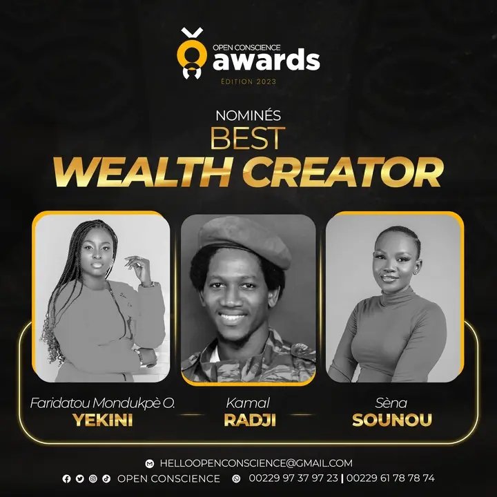 OPEN CONSCIENCE AWARDS | BEST WEALTH CREATOR 

Nous sommes fiers de présenter les visionnaires nominés pour le prix du BEST WEALTH CREATOR de cette année :

1  Faridatou Yekini
2 <a href="/kmalradji/">Kmal RADJI</a> 
3 Sena Sounou

Ces talents qui inspirent et façonnent l'avenir de la création de richesse