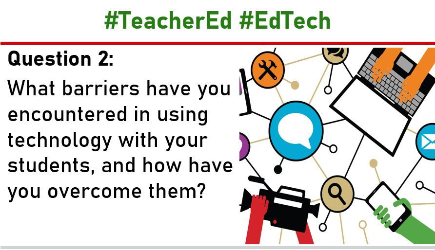 Although laptops &amp; e-resources have become more widely available for use in the past few years, research indicates that adequate preparation &amp; training are key factors in the adoption &amp; effectiveness of ed tech. For Question 2, we want to hear your experiences. #TeacherEd #EdTech