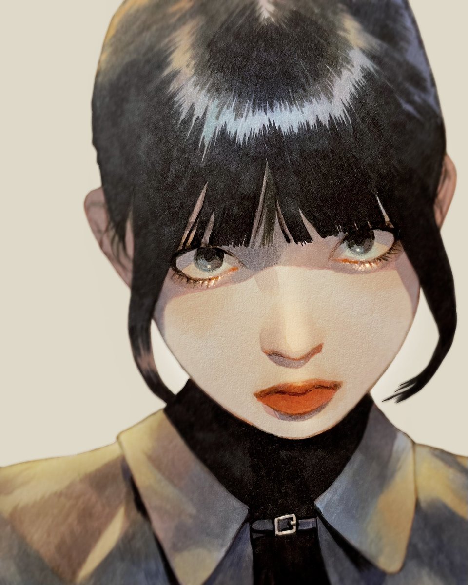 1girl solo looking at viewer bangs black hair simple background blunt bangs  illustration images