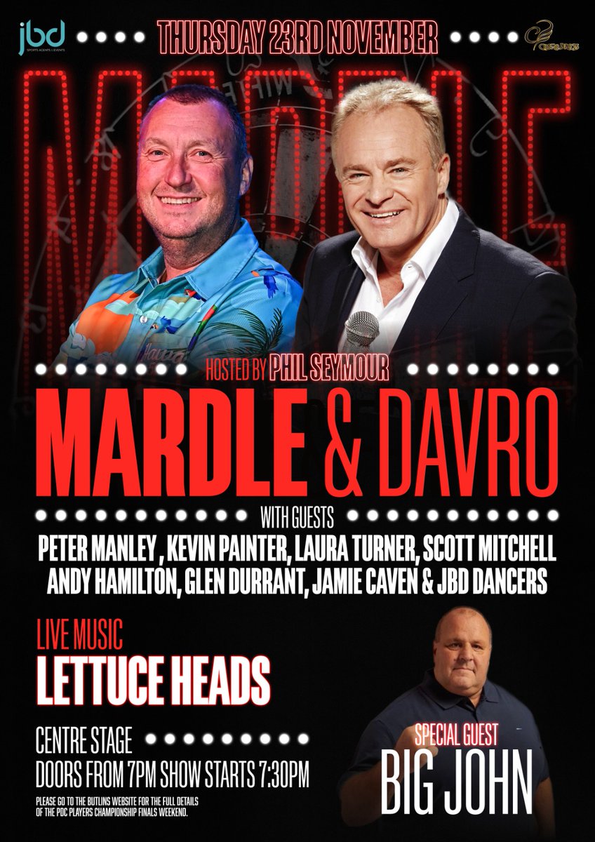Big night at the Mighty Butlins @Butlins @BigWeekenders this Thurs with @Wayne501Mardle @davrobobby1 @Duzza180 @jabba180 @OfficialKP180 @onedart180 @TheHammer180 @scottydogdart @LauraTurner180 and @Johnfis08605918 all superbly handled by @announcerphil Can't wait