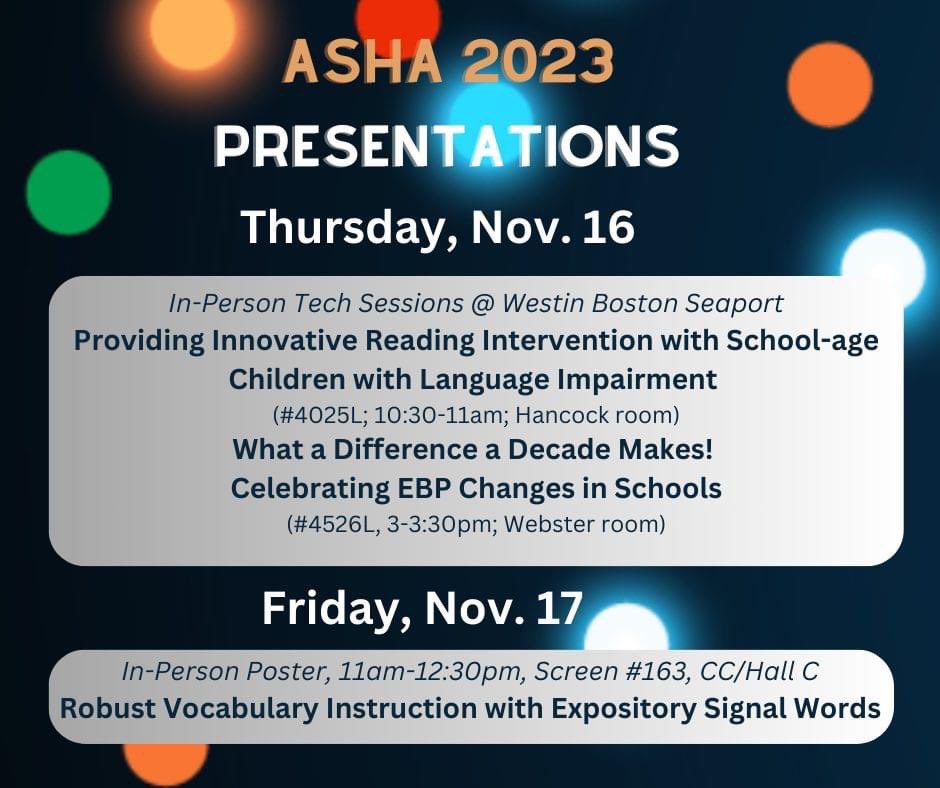 FSU_SPEARlab's tweet photo. SPEAR Lab presentations at the 2023 ASHA Convention in Boston. Many thanks to the colleagues &amp; students who contributed to this important work and SLPs who visited with us to share their experiences, ideas, and practice-based questions. Handouts available online! https://t.co/KrMfvqXWut
