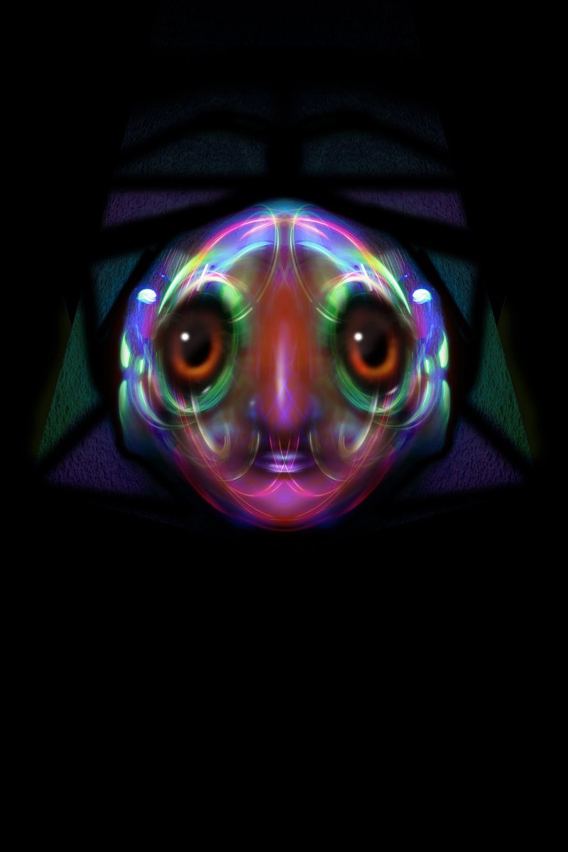 For this artwork, I created my own light tool disc, fashioned from an old rubber washing machine pipe and some colourful finger lights. Oh!…and plenty of tape. 

Later, using Photoshop, I manipulated the shot and drew layers of semitransparent digital brustrokes on top.