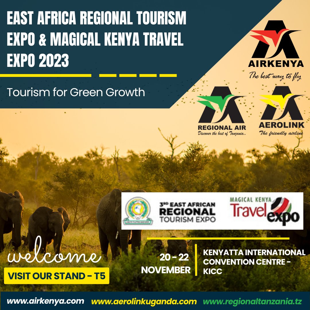 Unlock the Secrets of #EastAfrica with #Aerolink! Meet us at the East African Region Tourism Expo at KICC, Nairobi on 20th - 22nd Nov. Explore the diversity of #Kenya #Tanzania & #Uganda with us. #EarteMkte2023 #tourismexpo #RegionalConnectivity #Aerolink #RegionalAir #AirKenya