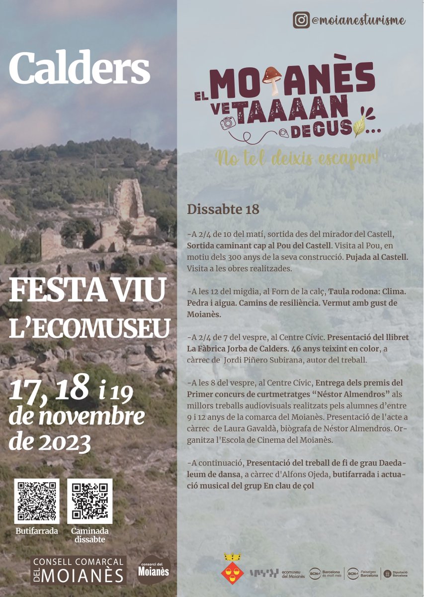comarcamoianes's tweet image. Aquesta tarda a la Festa Viu l'#Ecomuseu a #Calders: 
➡️2/4 de 7: Presentació del llibret de la Fàbrica Jorba
➡️8h: Entrega premis 1º concurs de curmetratges Nèstor Almendos
➡️A continuació: botifarrada i actuació musical. 
El #Moianès ve taaaan de gust! No te'l deixis escapar!