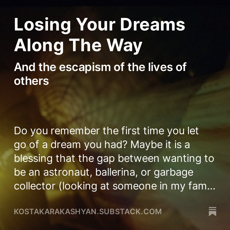 Losing Your Dreams Along The Way - my latest piece on Substack: open.substack.com/pub/kostakarak…