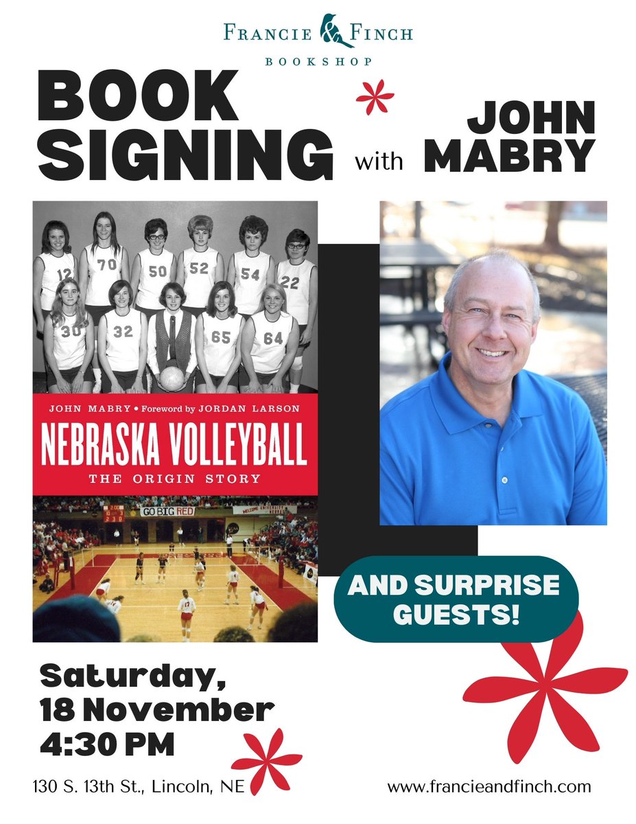 Join @jlmabry51 today at @francieandfinch for a reading and Q&A. He will be joined by former @HuskerVB players Kathi DeBoer Wieskamp and Jan Zink!
