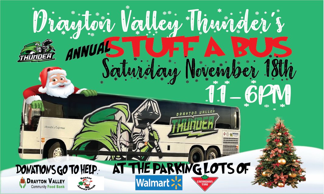 DVThunder's tweet photo. STUFF A BUS DAY!!🚌

The Thunder will be set up today from 11-6pm at Canadian Tire&amp; Walmart for our Annual Stuff A Bus.
Come on down and meet the players.
All donations collected today &amp; tomorrow's home game at 2pm will go to our local community Food Bank and Santa's Anonymous. https://t.co/GPPC5J9sWX