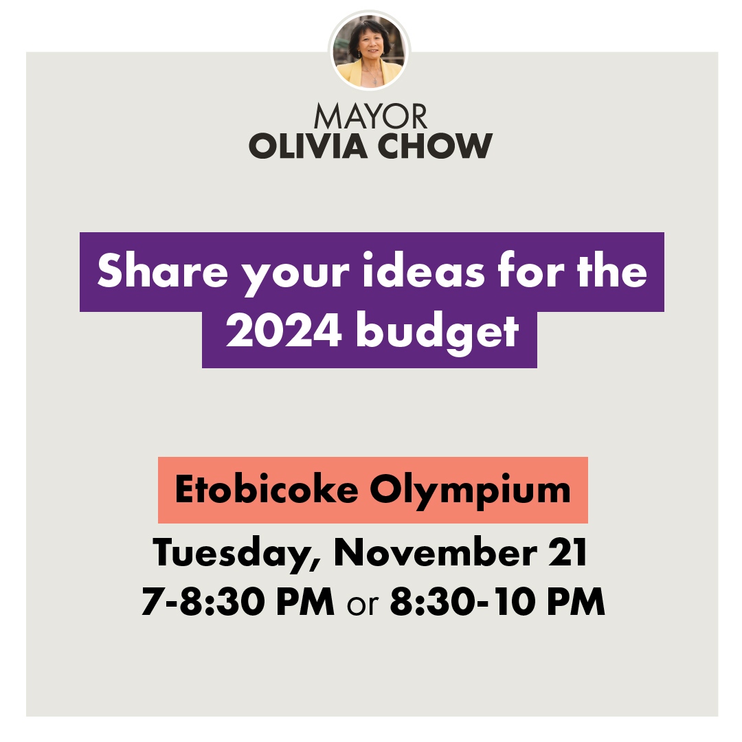 MayorOliviaChow's tweet photo. We're going west for the second budget consultation. Join us at the Etobicoke Olympium in Centennial Park on Tuesday in either evening session.
Share your ideas, ask questions and contribute to your city.
Register here: https://t.co/zdarFWSMIK https://t.co/m0VAhuN7rK