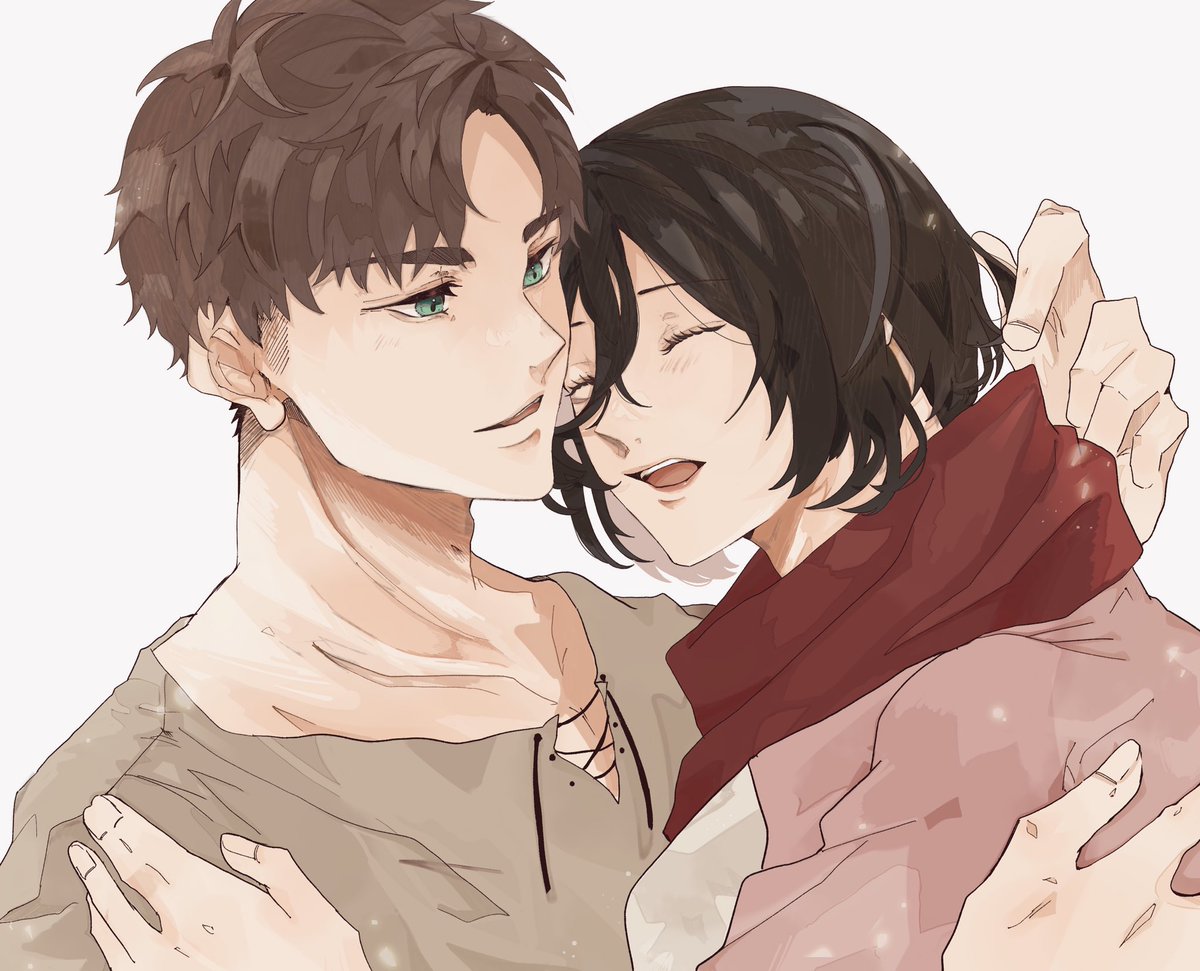 eren yeager ,mikasa ackerman 1girl 1boy scarf short hair brown hair closed eyes red scarf  illustration images