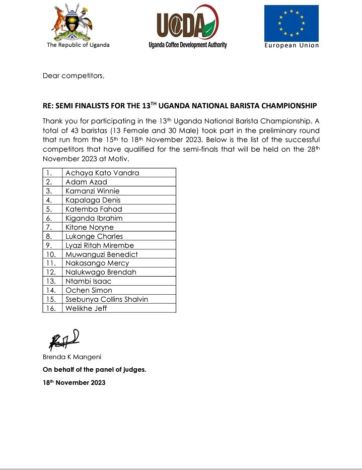 UgandaCoffee_'s tweet photo. Congratulations! The semi finals of the Uganda National Barista Championship will be held on November 28th. https://t.co/a9h6jyYAfJ