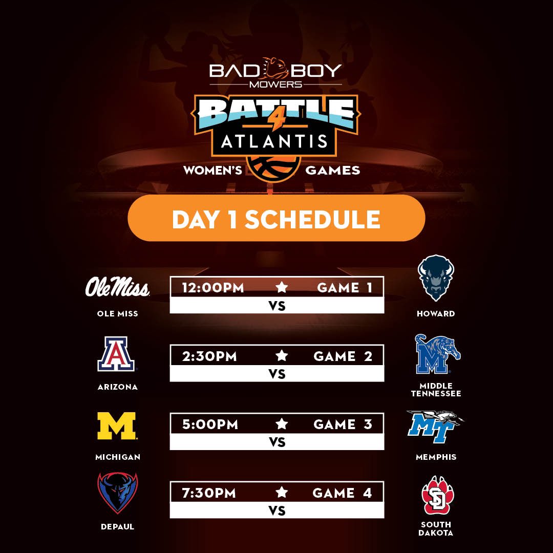 B4AOfficial's tweet photo. Wake up! Itโs Game Day ! ๐
Day 1 of our Womenโs Tournament tips off today at 12pm/et.
#BadBoyMowers #Battle4Atlantis #AtlantisBahamas #FloHoops https://t.co/JpvJFS4EVH