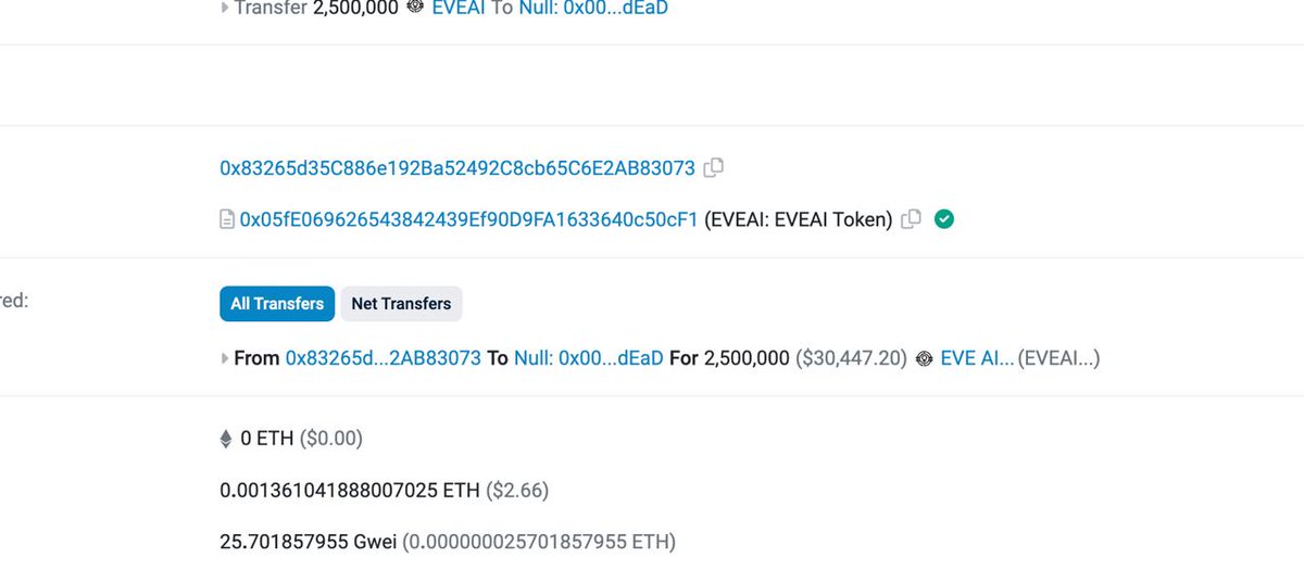 Good morning Evenauts!
2,5M of $EVEAI (2,5% - 30,000$) has been sent to dead wallet.

Total ammount of burnt tokens: 6% (~73k USD)

etherscan.io/tx/0x636d47bab…

#EVENAUTS #BURNFESTIVAL #AI