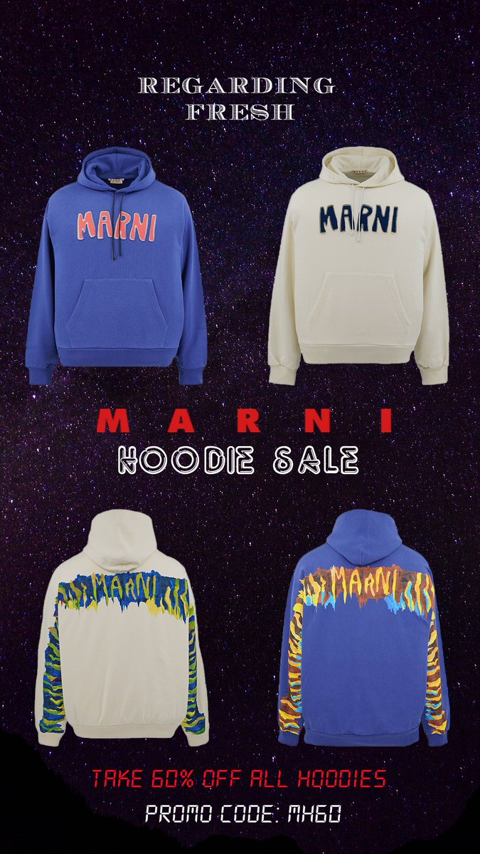 REGARDINGFRESH's tweet photo. These weekend only the private sale on all MARNI hoodies available on our website! Enjoy a fantastic 60% discount by using the promo code MH60 at checkout. Hurry, as this special sale concludes this Sunday.
https://t.co/2nZEVG1Ijt
#marnisale #privatesale #regardingfresh https://t.co/BROOfsM0bq