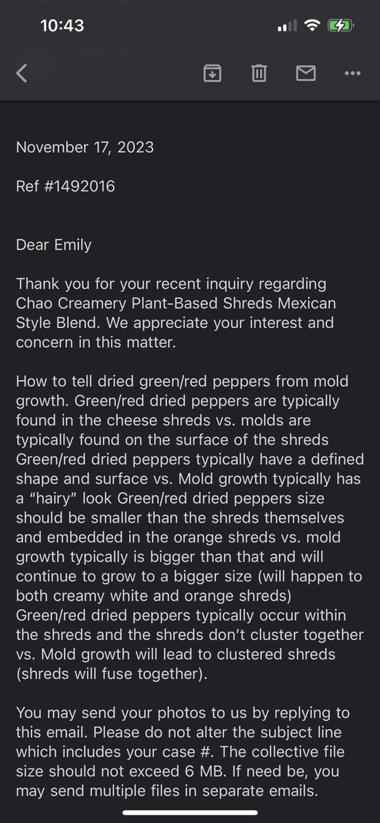 Day 2 of no response from <a href="/FieldRoast/">Field Roast</a> your chao creamery mexican slices expire on Jan 2024 but covered in mold 🤮 and theyre trying to educate me on what green peppers vs mild look like?? What an insult I bought them from <a href="/HarrisTeeter/">Harris Teeter</a>