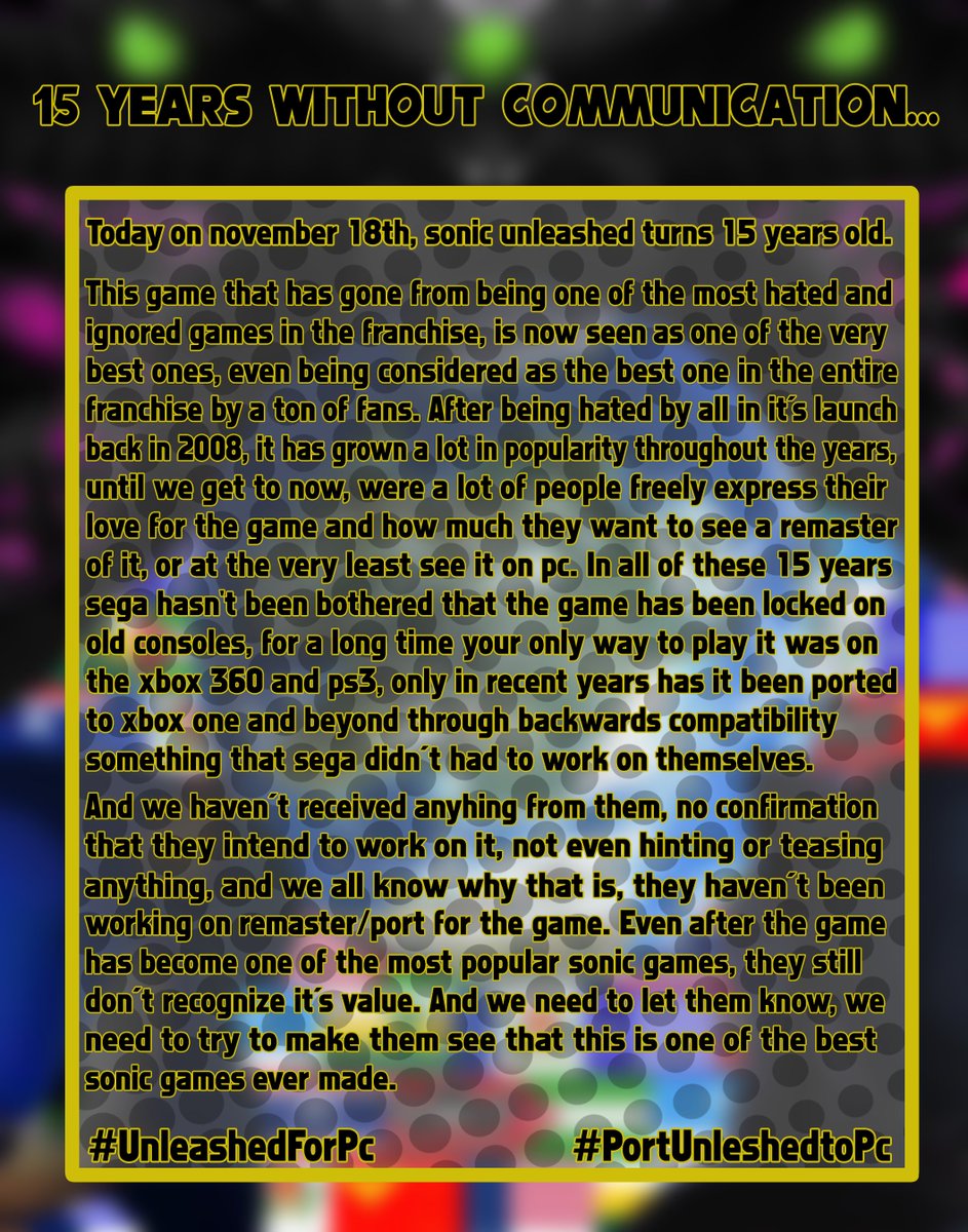UnleashedForPc's tweet photo. Day 5478
15 years with no news, no teasers, and no information
sonic unleashed is still not on pc https://t.co/gZJ5v0tUlf