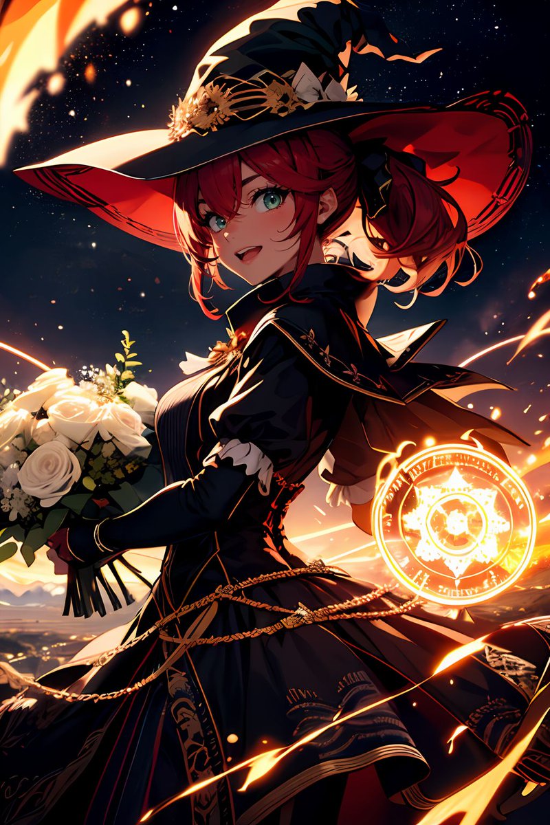 subfini's tweet image. あさみさん、500突破おめでとうございます！
#WIZARTmagic　参加させていただきますね。
花束と炎の魔法陣でお祝いですー。

#AIArtwork #AIイラスト