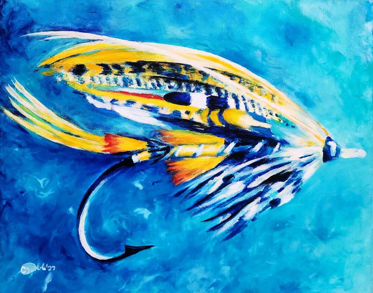 This breathtaking fly painting has found its forever home! But worry not, there's still time to snag an embellished print for the #FlyFishing enthusiast on your gift list! 🎁🎣 Mssg me 4 sizes and give the perfect present this holiday season. ✨🌟 #SalmonFly #pnwlife