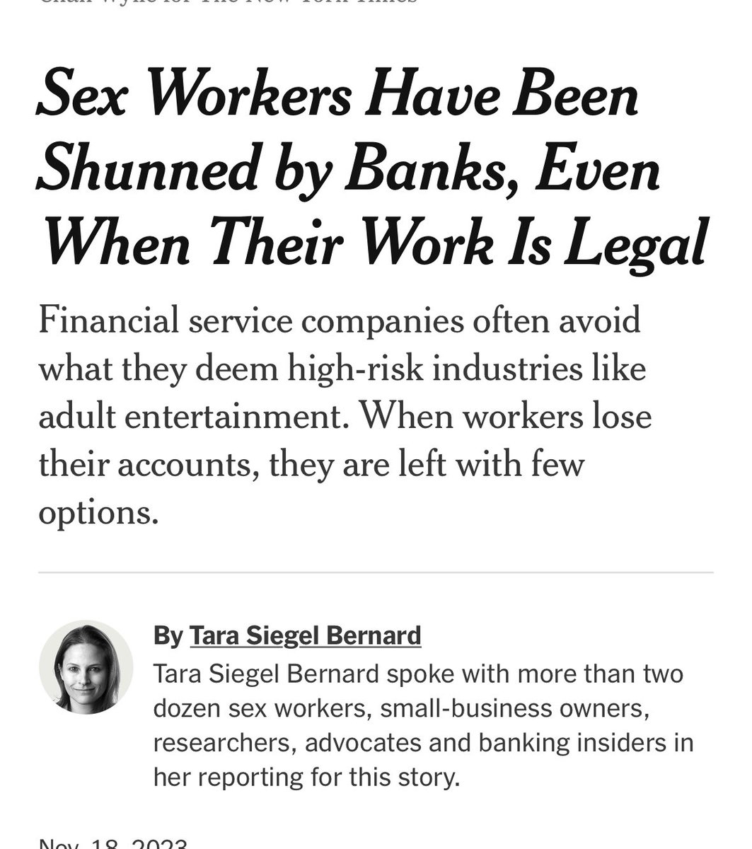 Massive and important article in @nytimes this morning detailing banks arbitrary and dangerous war on sex and sex workers. Can’t wait to get back to DC with this as a calling card. nytimes.com/2023/11/18/bus…