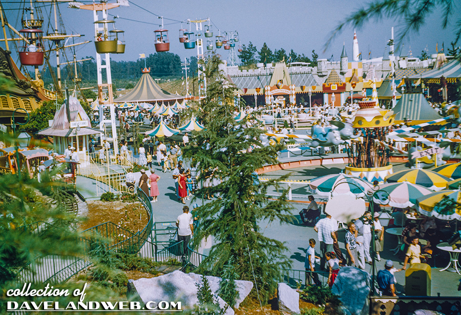 Digital magic combines to 1956 #VintageDisneyland #Skyway images to produce a beautiful panorama. Note the #MickeyMouseClub Circus tent on the left.