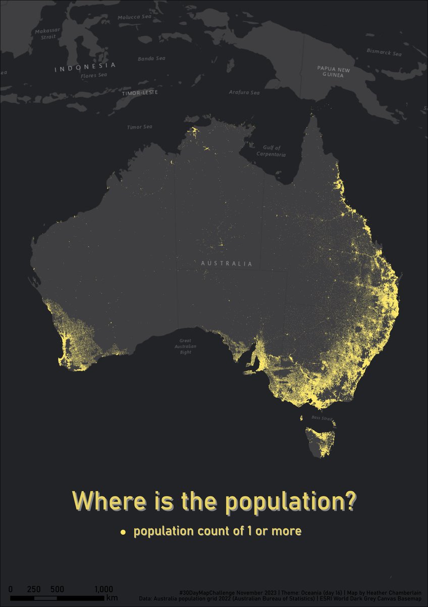 #30DayMapChallenge day 16 (theme: Oceania) - focussing on Australia, I used <a href="/ABSStats/">Australian Bureau of Statistics</a> 1km gridded pop dataset to show the spatial distribution of population as recorded in the 2021 census. Every grid cell with population is represented as a (very small!) dot.