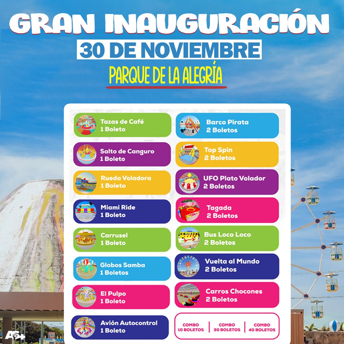 Este proximo 3️⃣0️⃣ de Noviembre será inaugurado el Parque de La Alegria, el cual funcionara de Martes a Domingo de 2️⃣ de la tarde a 1️⃣0️⃣ de la noche, donde podremos disfrutar en Familia 👨‍👩‍👧‍👦 de 1️⃣6️⃣ Juegos Mecánicos. #UnidosEnVictorías #VictoriasDelPueblo