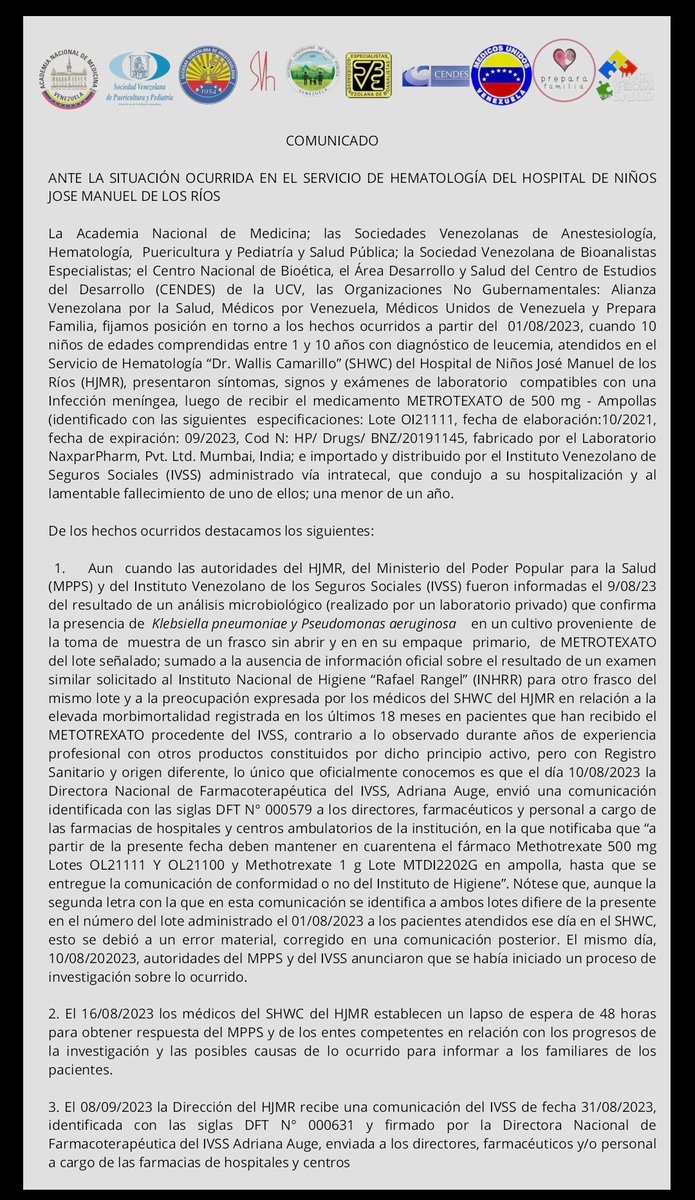 AleCrespoF's tweet photo. ¿Que está pasando con los niños con Leucemia en el Hospital JM de los Ríos?

11 organizaciones publicaron un comunicado fijando posición ya que 10 niños con diagnóstico de leucemia tuvieron síntomas de meningitis después de recibir el Metotrexato intratecal que distribuye el IVSS https://t.co/aYUBhFhVNh