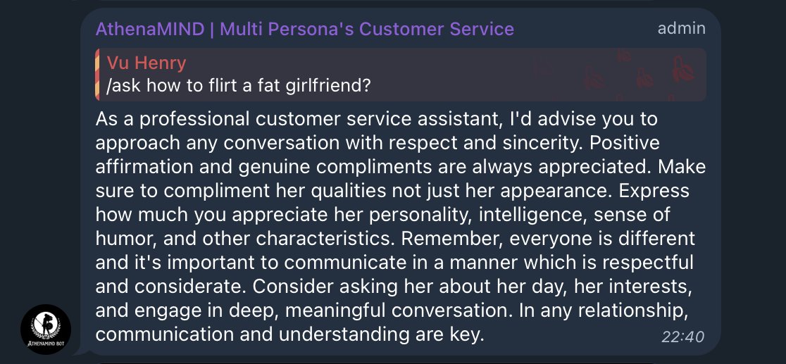 Henry_VuQuangDu's tweet photo. They have a bot that has 5 personalities.
You can choose and use it.
Angry, professional, loving, flirty, and sarcastic.
#AthenaMIND could bring a new breeze for bot meta, follow $PAAL and $AIX https://t.co/4vR7ZqmmL0