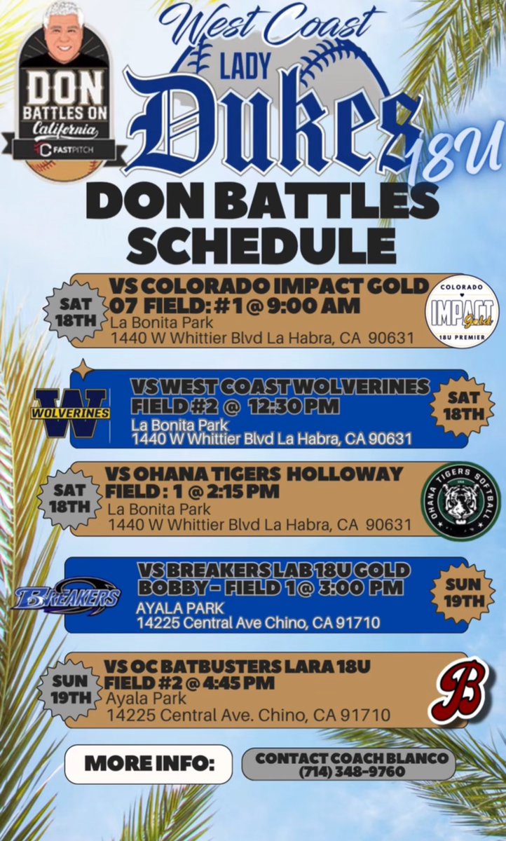 ZTLadyProspects's tweet photo. @Maddie_Holub It looks like our games will be on as scheduled this morning!
Today, Sat, 11/18
La Bonita Park
1440 W Whittier Blvd
La Habra, CA  90631
  9:00am vs. Colorado Impact Gold  
12:30pm vs West Coast Wolverines
  2:15pm vs Ohana Tigers Holloway https://t.co/DpFjWYjRnf