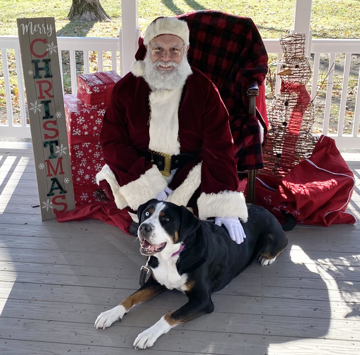 Santa - who bears an uncanny resemblance to Commissioner Jason J. Sarnoski - is taking photos with county employees at the new gazebo in Garret D. Wall Park in Belvidere. Here he finds out what therapy dog Tess wants for the holidays. Tess visits County senior centers &amp; schools.