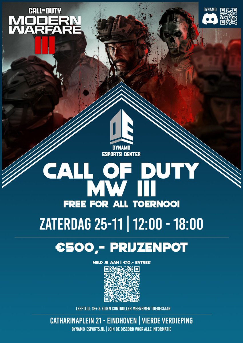 6thSE's tweet image. Zaterdag 25 november organiseren wij als Sixth Sense Esports ons eerste Call of duty MW3 Free for all LAN toernooi bij @dynamo_ehv in Eindhoven. Dit doen wij in samenwerking met @DynamoEsportsNL en @FarikoNL 

Prijzenpot = 500 Euro
Entree = 10 Euro
RT gewaardeerd!