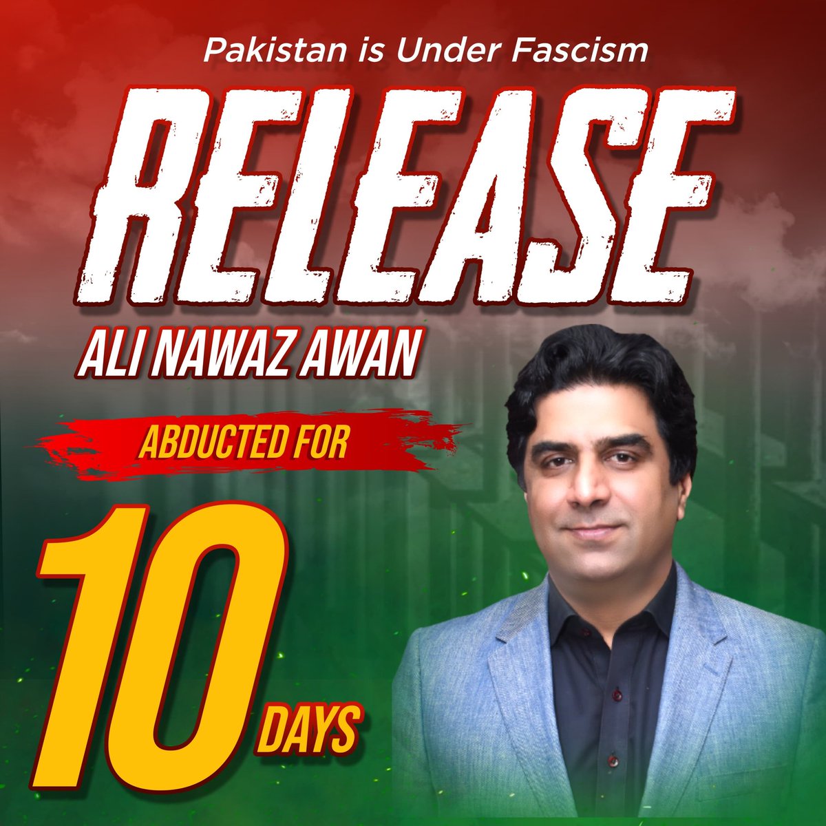 AliAwanUpdate's tweet photo. مرکزی ایڈیشنل سیکرٹری جنرل علی نواز اعوان کی جبری گمشدگی کو 10 روز گزر چکے ہیں۔
 قوم جبری گمشدگیوں کے پیچھے چُھپے مقاصد سے اچھی طرح واقف ہے اور محب وطن علی نواز اعوان کی فوری رہائی کا مطالبہ کرتی ہے۔
 #ReleaseAliNawazAwan https://t.co/n3shzzTQc2