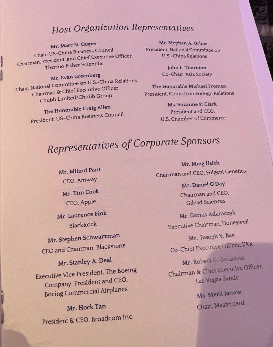 TruthUnitesUs's tweet photo. EXCLUSIVE: NEW WORLD HORS D’OEUVRES: Chamber, Pfizer, BlackRock Wine &amp; Dine Chairman Xi

Dinner included CEOs from Apple, Blackstone, BlackRock Honeywell, FedEx, Boeing, Pfizer, Visa, NIKE Mastercard Gilead. Tickets cost $40,000

#Infiltration #CCP #China 
https://t.co/nkWxtDPPIn https://t.co/alRymTytqN