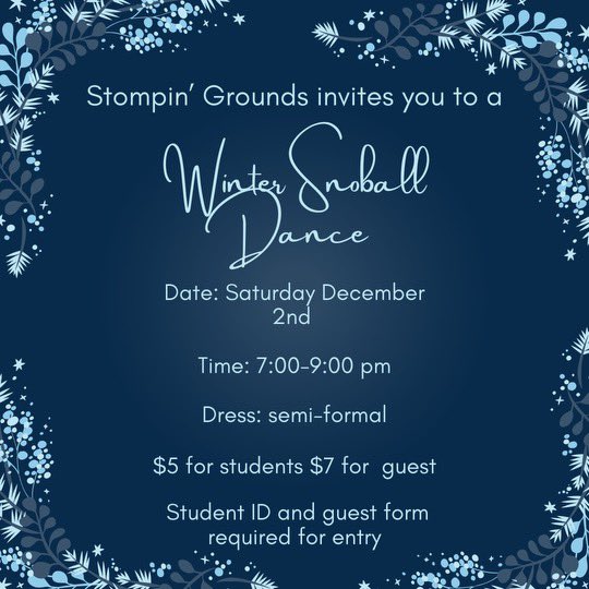 This year, Stompin’ Grounds is hosting our Winter semi-formal. We hope to see all students come out on their Saturday
#dance #snoball #coltscoffee
