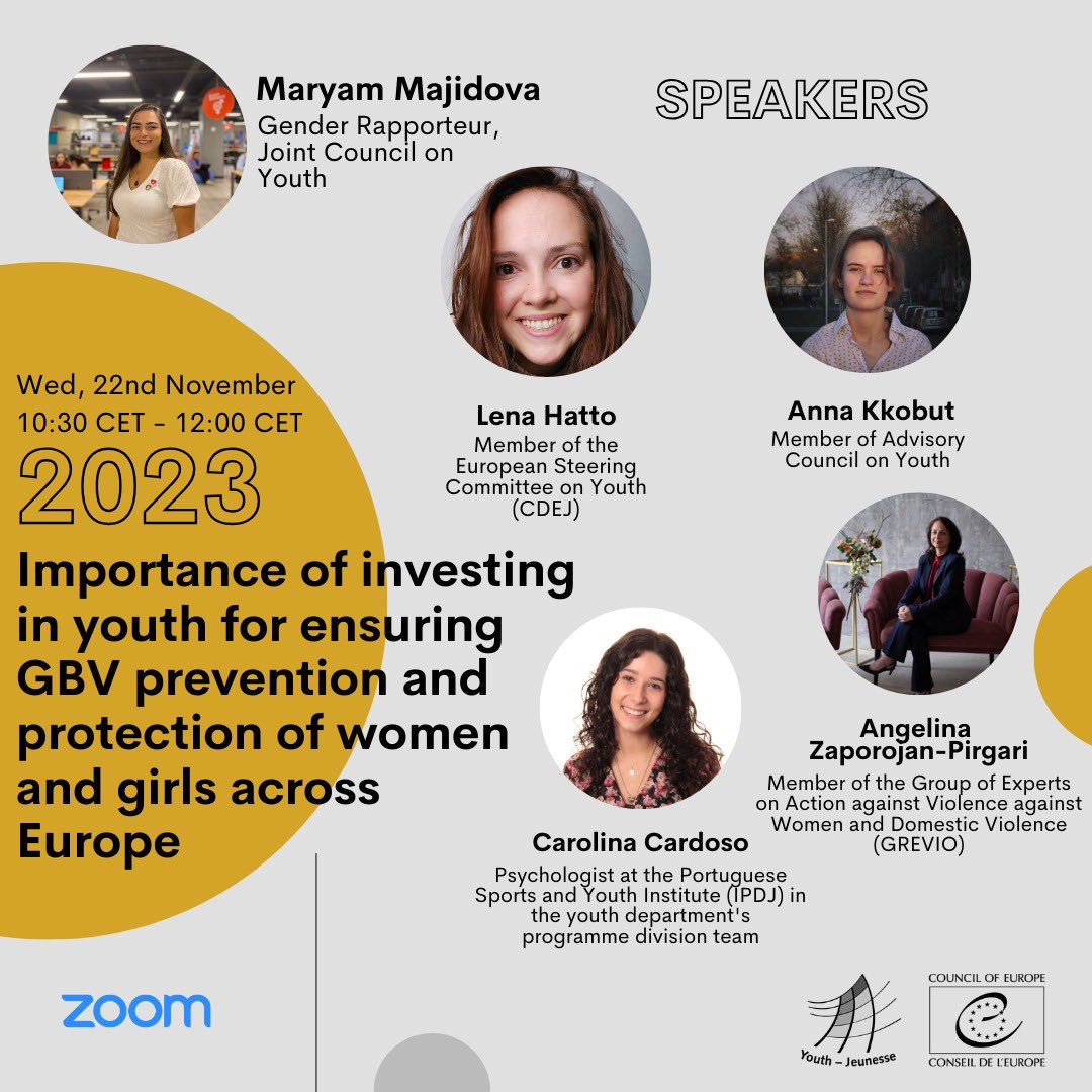 Register now for our online seminar about the role of youth in #GBV prevention & protection of women & girls across Europe ➡️ Wed., 22nd Nov. 10:30-12:00 CET ➡️ Register here: coe-int.zoom.us/meeting/regist… #16DaysOfActivism