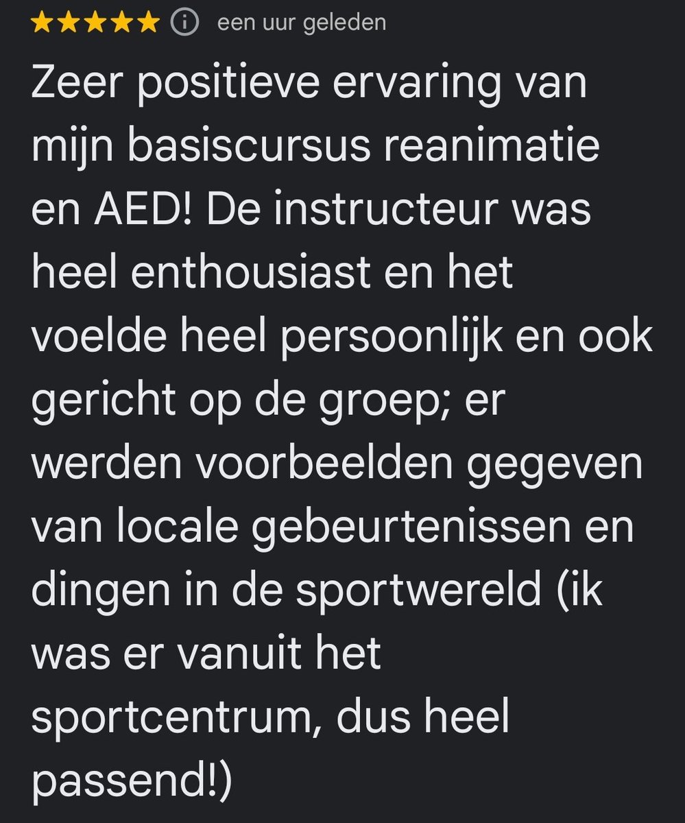 Prachtige 5* review gekregen nav een reanimatietraining gisteravond in Sports Centre de Bongerd in #Wageningen ism SWU Tymos.

#reanimatietraining #aed #Review
