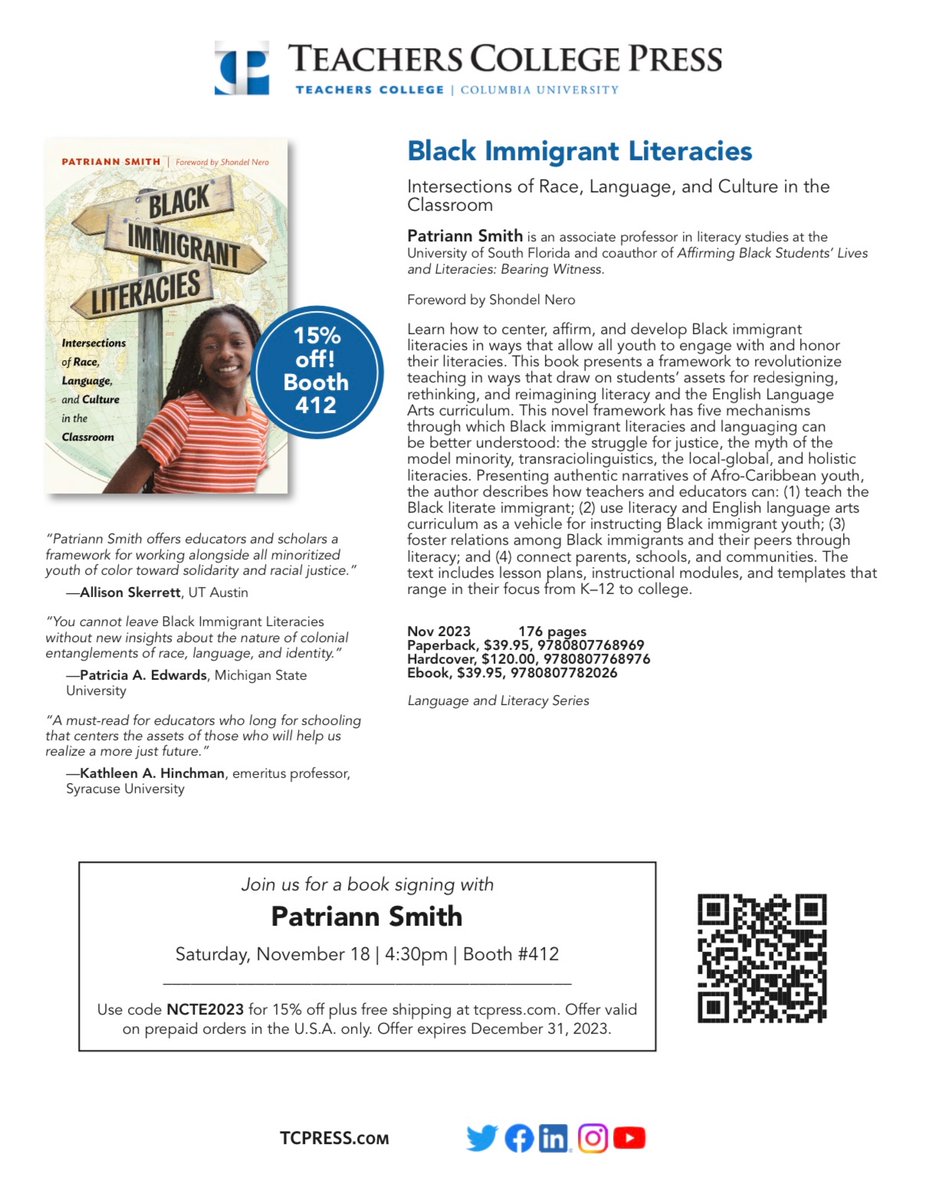 ❗️❗️Super excited❗️❗️Join me today @NCTE Booth #412 for my Book Signing. See you at 4:30. tcpress.com/black-immigran… #NCTE23 #BlackImmigrantLiteracy #BlackLiteracies #Literacy #BIMLIT2023 #Literacies