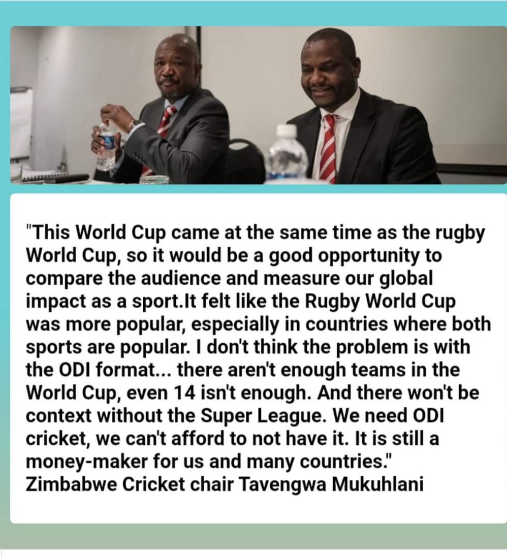 FrankMawoza1's tweet photo. @ZimCricketv boss T. Mukuhlani advocating for an analysis over the current world cup to gauge it's global popularity. Zimbabwe will co host the ODI world cup in 2027 alongside South Africa &amp; Namibia. 
@AdamTheofilatos @kwirirayi @Mr_Tich @mikemadoda https://t.co/E2UHxyfjHT