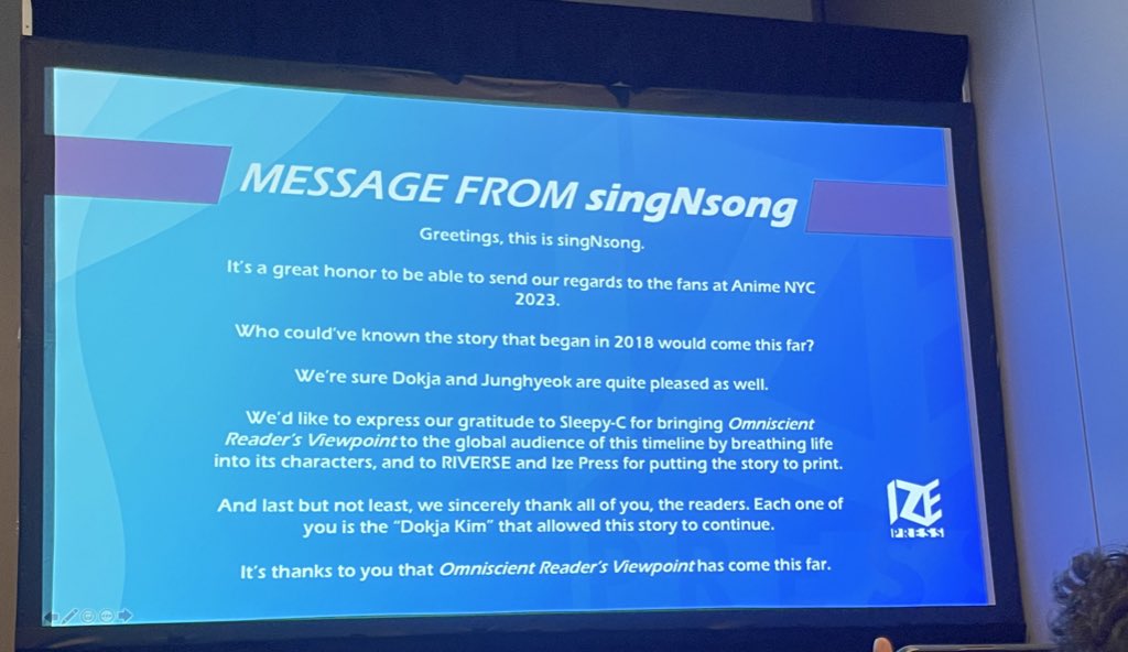 The omniscient reader's viewpoint poster they're giving out at #AnimeNYC2023  was drawn exclusively for the con

They also showcased a message from singNsong