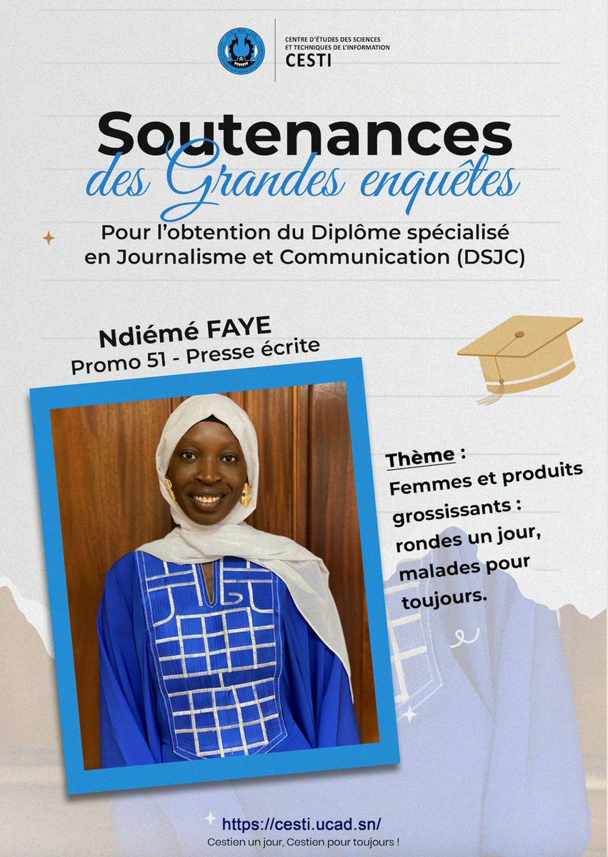 SOUTENANCE #CESTI✨

Les 16 et 17 novembre 2023, les étudiants de la 51e promotion ont soutenu leur Grande Enquête de fin de formation.

Retour sur les sujets traités par chacun d'eux à travers une série de publications. 

🤳🏿 On commence par <a href="/NdimFAYE5/">Ndiémé Faye🇸🇳</a> 

#Cesti51
#Soutenance2023