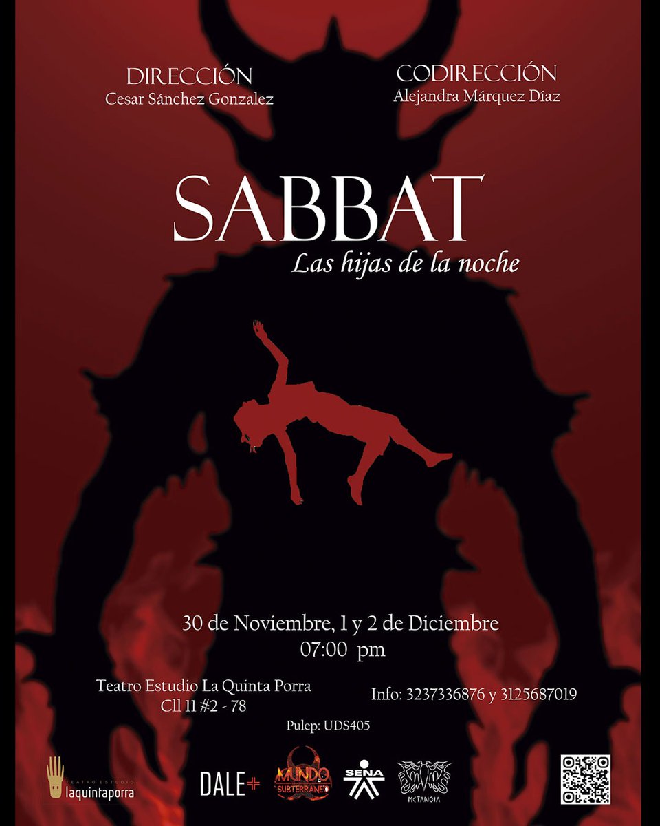 🎭 SABBAT 🎭
-Las hijas de la noche-

🗓️ 30 de NOVIEMBRE, 1 y 2 de DICIEMBRE.

🕖 7:00PM

☎️ MAYOR INFORMACIÓN:
 323 733 6876 - 312 568 7019

Con el apoyo del Programa Nacional de Salas Concertadas @Mincultura y el Programa Distrital de Salas Concertadas @Idartes 2023