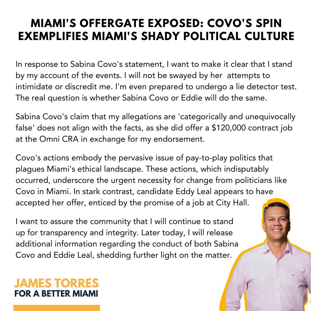 Unmasking Offergate, my response to Covo's denials. @lrobertsonmiami @joeflech @JoshCeb @WIOD @wendijil @newschica @BillyCorben @BecauseMiami @AlfredSpellman @tessriski @naomifeinstein @maxmartinez @WLRN @WLRNSundial @axios @Chris_Gothner @martindvassolo @peterehrlich1 @Blaskey_S