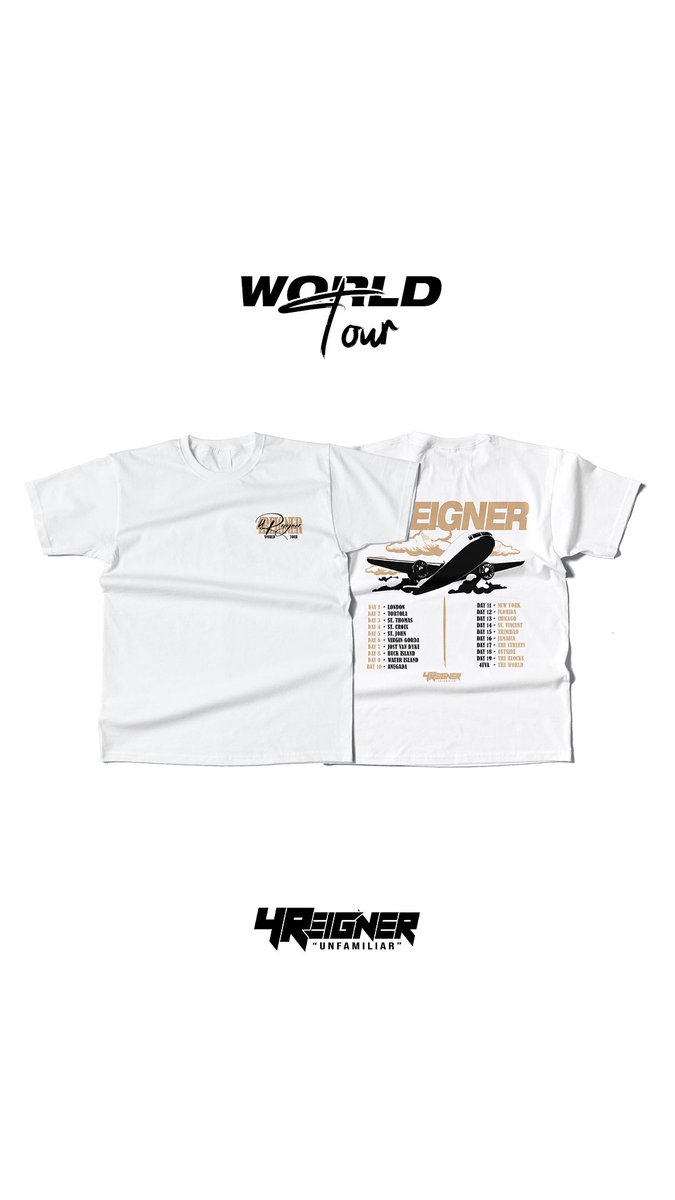 44Reigner's tweet photo. Day 5 of 4Reigner’s 30 days of graphic tees🔥! We’ll be dropping a new tee every day for the next 30 days. Leave a comment if you see your City/Island ✈️ The “World Tour” Tee is available online @ https://t.co/3KRc5A6JzT https://t.co/8yKs0rSwyB