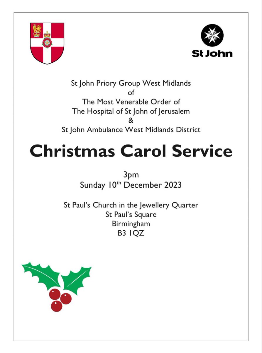 Please come along to help us celebrate Christmas and the work of <a href="/StJohnEngland/">St John England</a> in the West Midlands on Sunday 10th December at St Paul’s Church in the heart of Birmingham’s Jewellery Quarter.
<a href="/stjohnambulance/">St John Ambulance England</a> <a href="/WMLieutenancy/">WMLieutenancy</a>